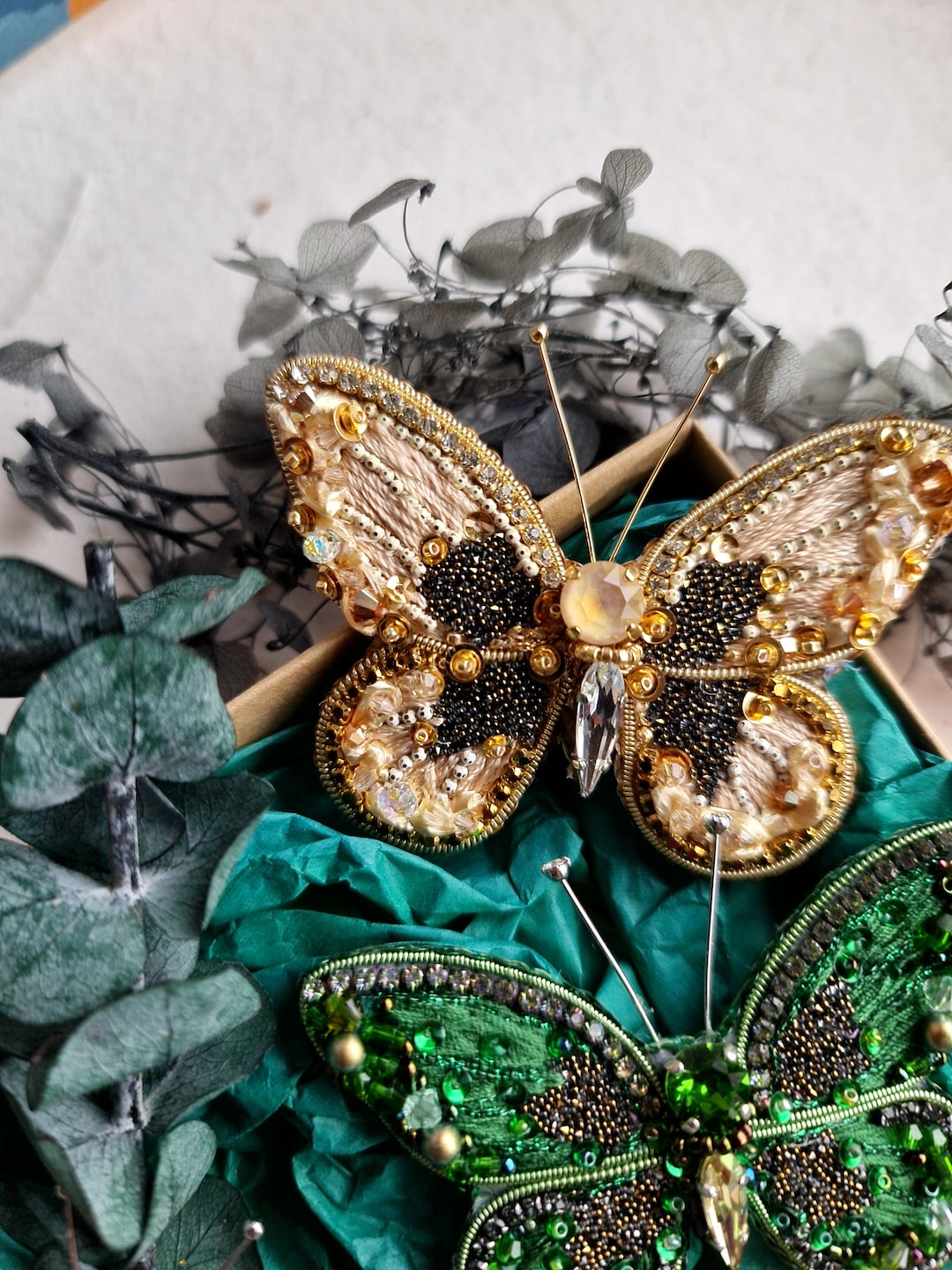 Golden Beige Butterfly Elegance Brooch | Sparkling Insect  display picture 1