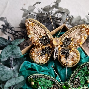 Golden Beige Butterfly Elegance Brooch Sparkling Insect Scarf Pin image 1