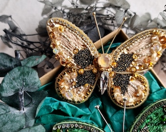 Golden Beige Butterfly Elegance Brooch | Sparkling Insect Scarf Pin