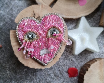 Pink heart pin, Beaded jewelry, Cute gift for her