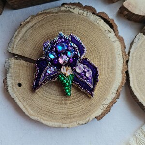 Purple Iris Brooch: Handmade Floral Embroidered Pin for Women Unique Gift image 4