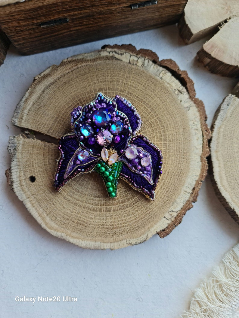 Purple Iris Brooch: Handmade Floral Embroidered Pin for Women Unique Gift image 4