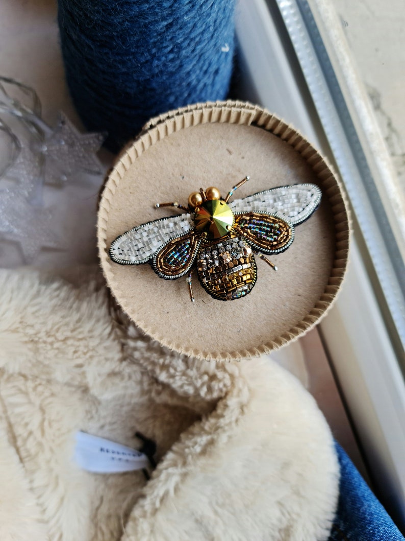 Bee beaded brooch pin, embroidered insect brooch, unique brooches for men, lapel pins, godfather gift image 4