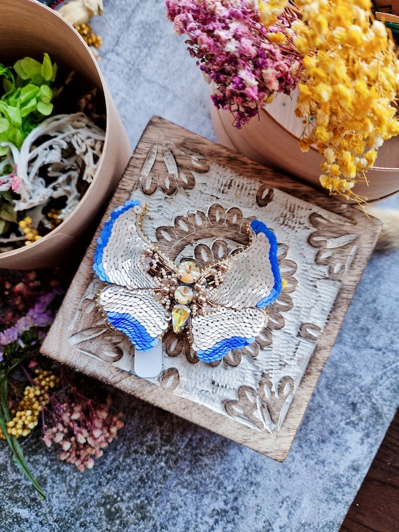 Blue and Gold Butterfly Brooch ON VACATION Jewel Blue Butterfly Brooch, Gold Butterfly Pin  main image 4