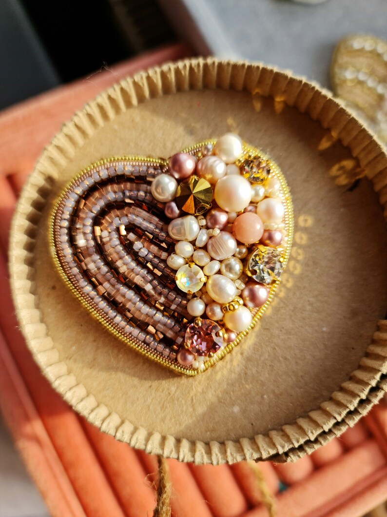 Blushing Love: Pink Heart Beaded Brooch for Women, christmas gifts image 1