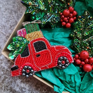 Jolly Ride Christmas Car Brooch | Handmade Festive Red Car Pin | Best Friend Christmas Gift