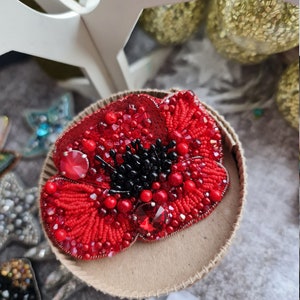 Red flower beaded brooch, Crystal plant pin, Unique gift for her image 1