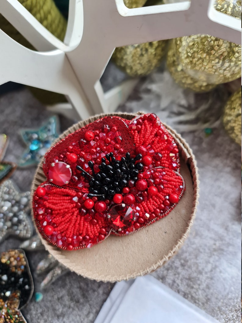 Red flower beaded brooch, Crystal plant pin, Unique gift for her image 1