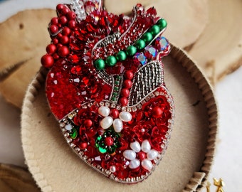 Anatomical heart beaded brooch,  Embroidery brooch heart, Human heart pin