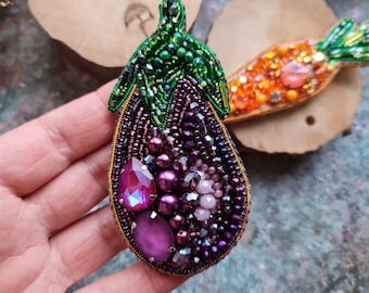 Eggplant beaded brooch, Nature jewelry, Cute plant pin