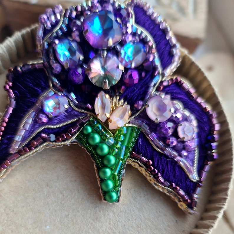 Purple Iris Brooch: Handmade Floral Embroidered Pin for Women Unique Gift image 9