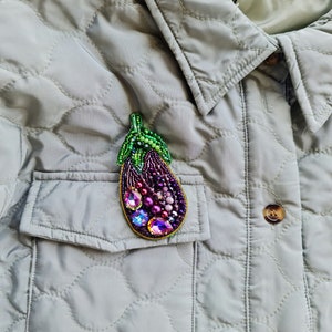 Handmade Purple Eggplant Beaded Brooch Crystal Embroidered Vegetable Pin for Plant Lover image 3