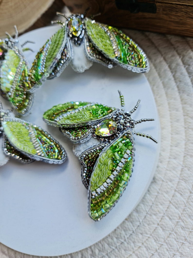 Mystic Green Moth Beaded Brooch: Insect Jewelry, Nature Lover Gift, Unique Lapel Pin Brooch image 8