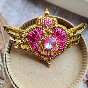 Kawaii Moon Dreams: Hand Embroidered Brooch - Cosmic Heart Compact and Crisis Moon Compact Inspired