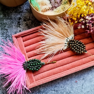 Thistle beaded brooch, Thistles pin with ostrich feathers, Set of thistles