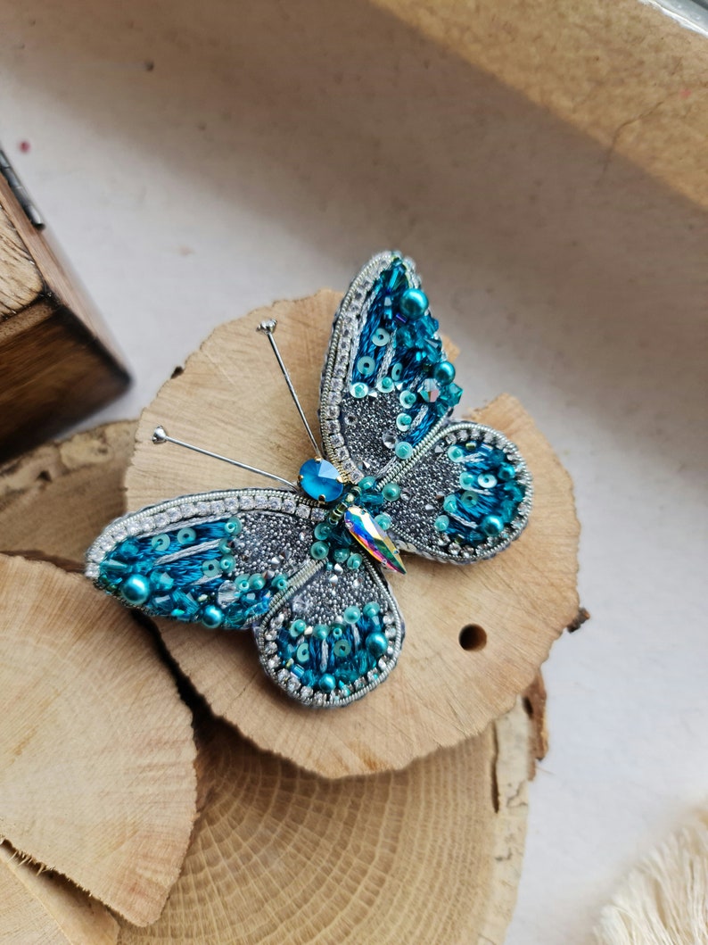 embroider butterfly brooch, pink Insect scarf brooch or christmas gift for her light blue