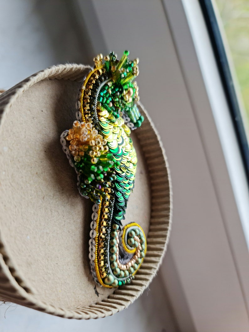 Green Seahorse brooch, Nautical brooch, Seahorse pin, Summer jewelry image 4