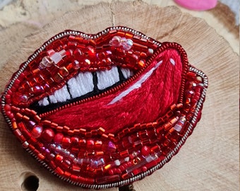 Red Lips Beaded Brooch, Mouth pin embroidered jewelry