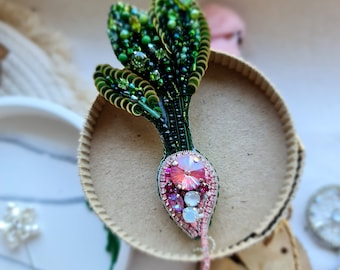 Crystal Radish Brooch: Handmade Vegetable Jewelry for a Unique Gift