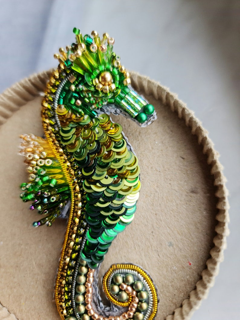 Green Seahorse brooch, Nautical brooch, Seahorse pin, Summer jewelry image 5