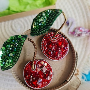 Summer beaded jewelry, cherry embroidery brooch pin