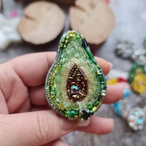 avocado green beaded brooch, foodie gift, nature jewelry image 1