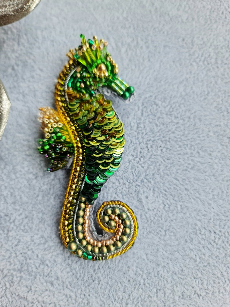 Green Seahorse brooch, Nautical brooch, Seahorse pin, Summer jewelry image 2