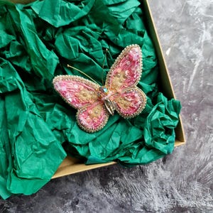 Beaded Butterfly Brooch – Pink and Gold Hand-Embroidered Insect Pin with Sequins and Crystals – Gift for Her, Fantasy Jewelry