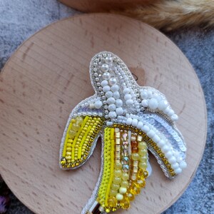 Cheerful Banana Beaded Brooch: Funny Fruit Pin Kawaii Jewelry Embroidered with Crystals and Various Beads image 5