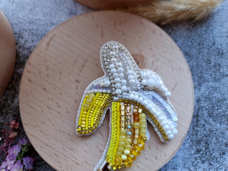 Cheerful Banana Beaded Brooch: Funny Fruit Pin Kawaii Jewelry Embroidered with Crystals and Various Beads image 5