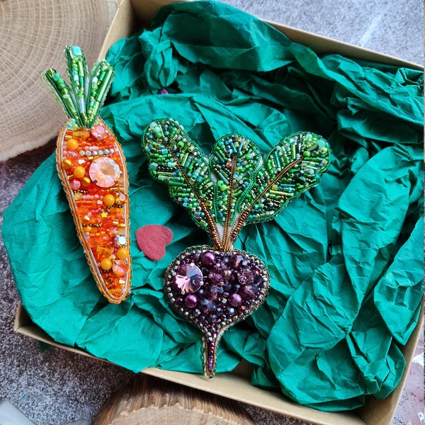 Gift set of vegetables brooch, Purple Beet and Сarrots Crystal Pin