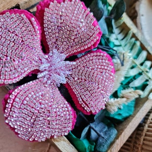 Pink Flower Beaded Brooch, Unique Gift for Her, best holiday gift, Velvet crystal flower, four leaf flower image 8