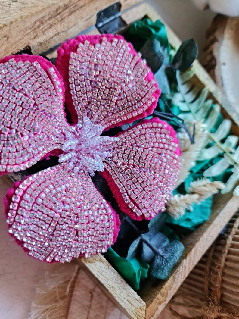 Pink Flower Beaded Brooch, Unique Gift for Her, best holiday gift, Velvet crystal flower, four leaf flower image 8