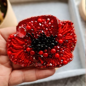 Red flower beaded brooch, Crystal plant pin, Unique gift for her image 4