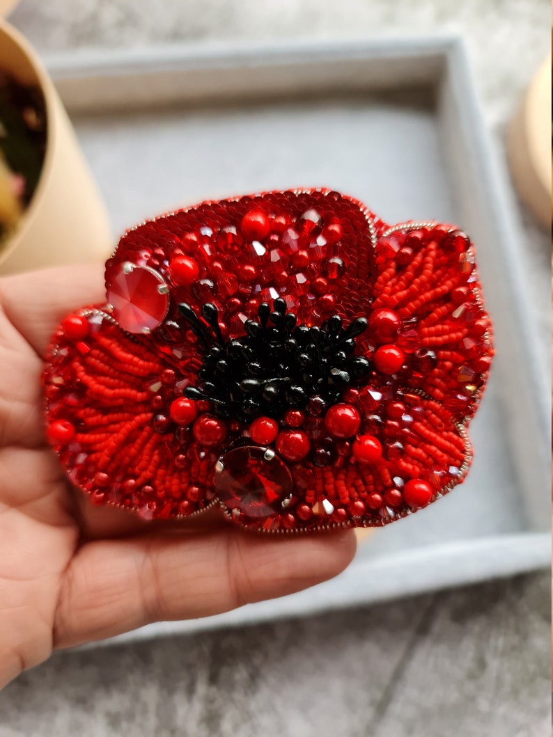 Red flower beaded brooch, Crystal plant pin, Unique gift for her image 4