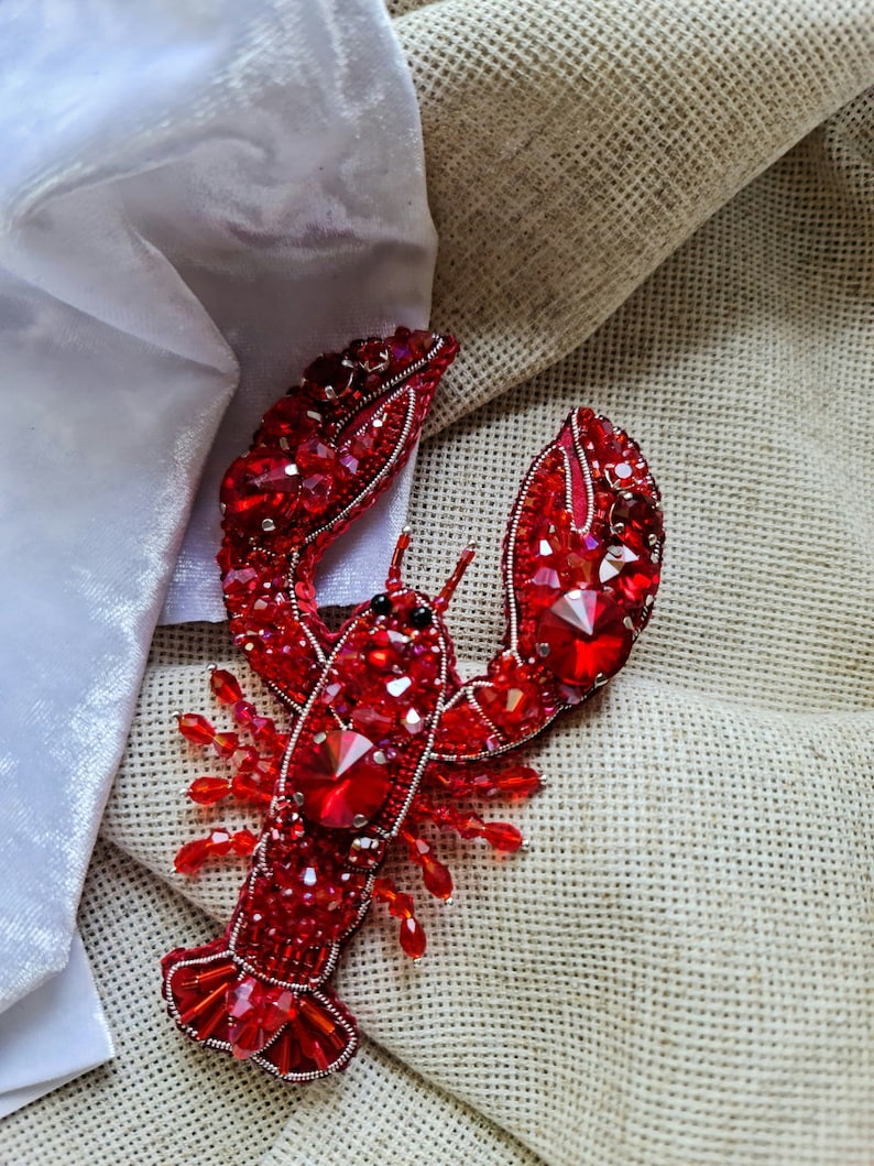 lobster brooch, ocean jewelry, embroidery art image 4