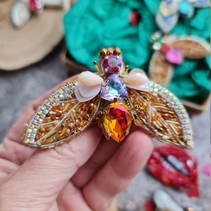 moth brooch, embroidered insect brooch Gold