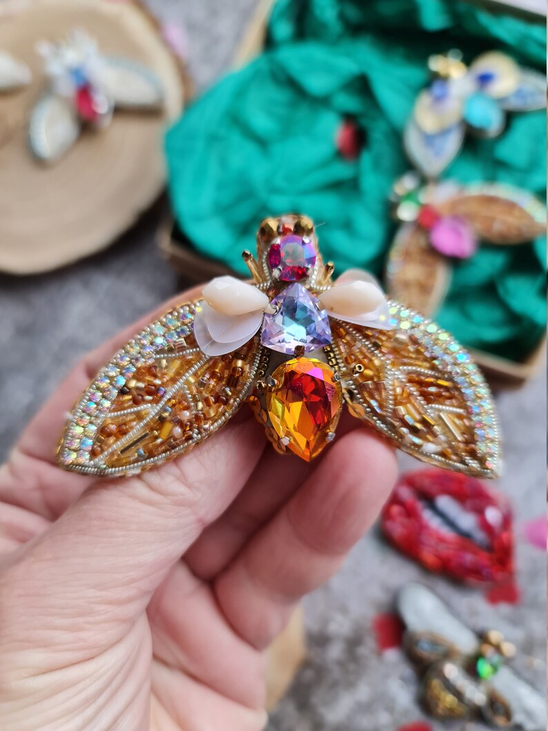 moth brooch, embroidered insect brooch Gold