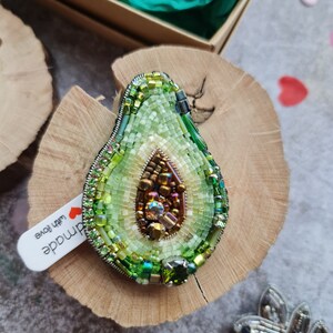 avocado green beaded brooch, foodie gift, nature jewelry image 2