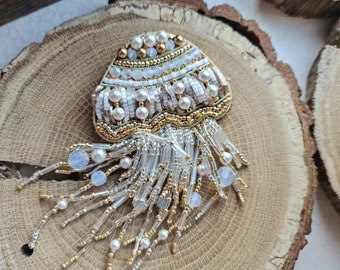 Beige jellyfish brooch, Embroidery sea art, Nature jewelry