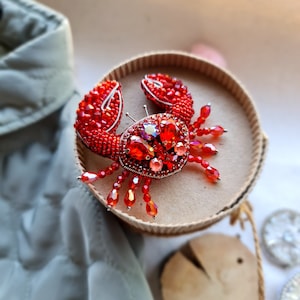 Handmade Crab Beaded Brooch Pin - Cancer Zodiac Gifts
