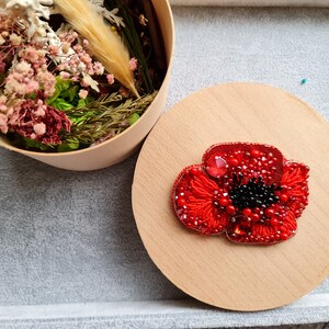 Red flower beaded brooch, Crystal plant pin, Unique gift for her image 5