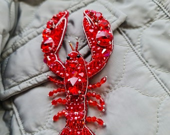 Red Lobster Beaded Brooch, brooches for women,unique gift for her, cancer zodiac lapel pin, zodiac gifts