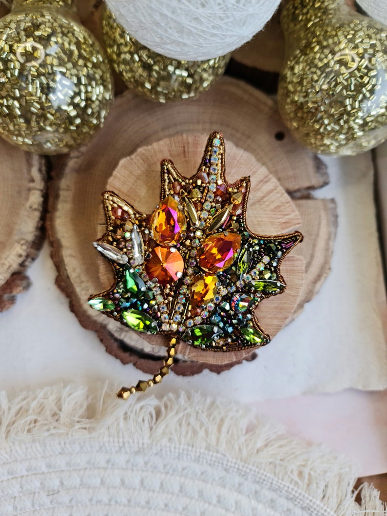 Handmade gift Gold leaf brooch, maple leaf pin, christmas brooch image 1
