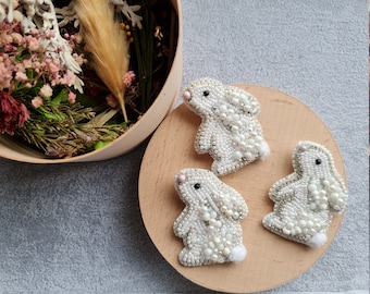 White rabbit pin, Embroidery beaded brooch, Bunny beadwork jewellery