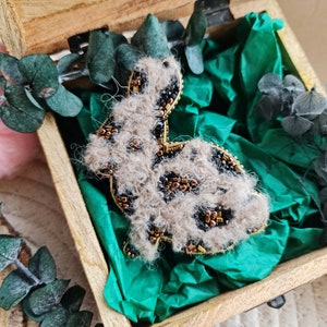 Leopard Print Bunny Brooch Pin, beaded jewelry, christmas gifts