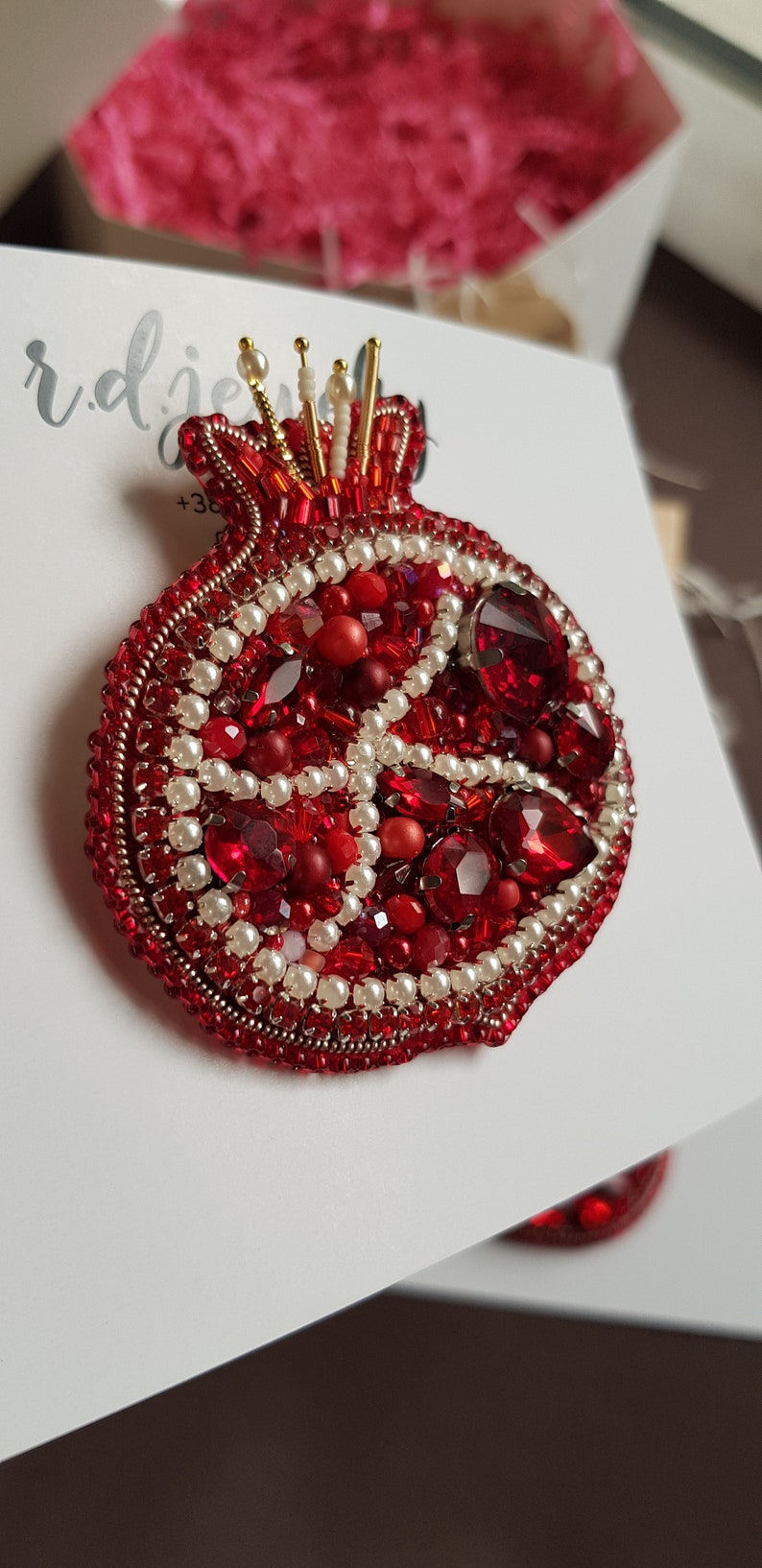 Pomegranate Beaded Brooch, Fruit Embroidery Pin image 8