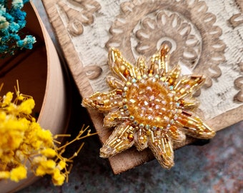 Gold Sun brooch, Cosmic pin, Astronomy Jewelry, Solar system