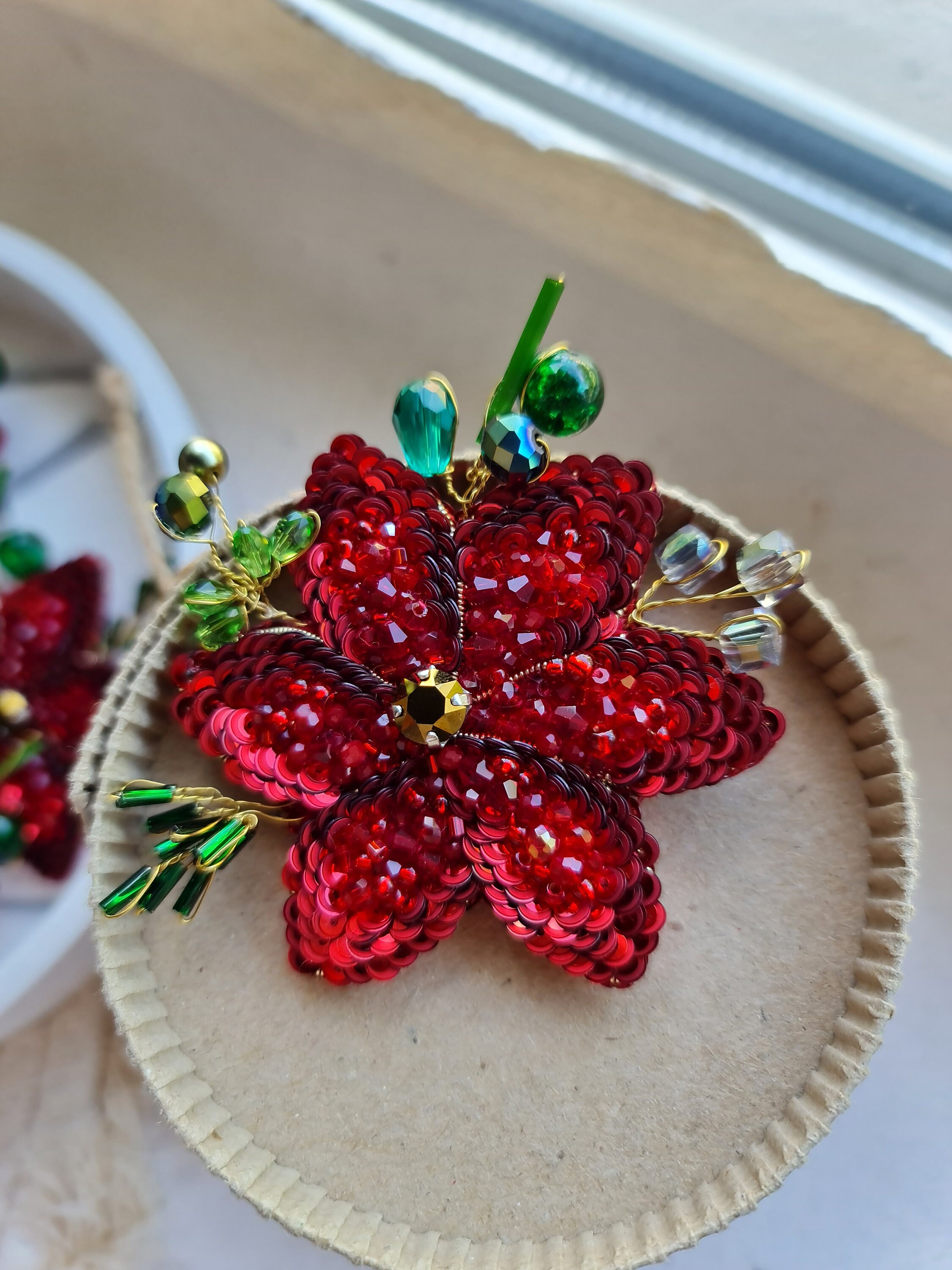 Spilla Fiore Rosso A Pois Con Bottone Blu Per Bambina Fatta A Mano - Foto 11