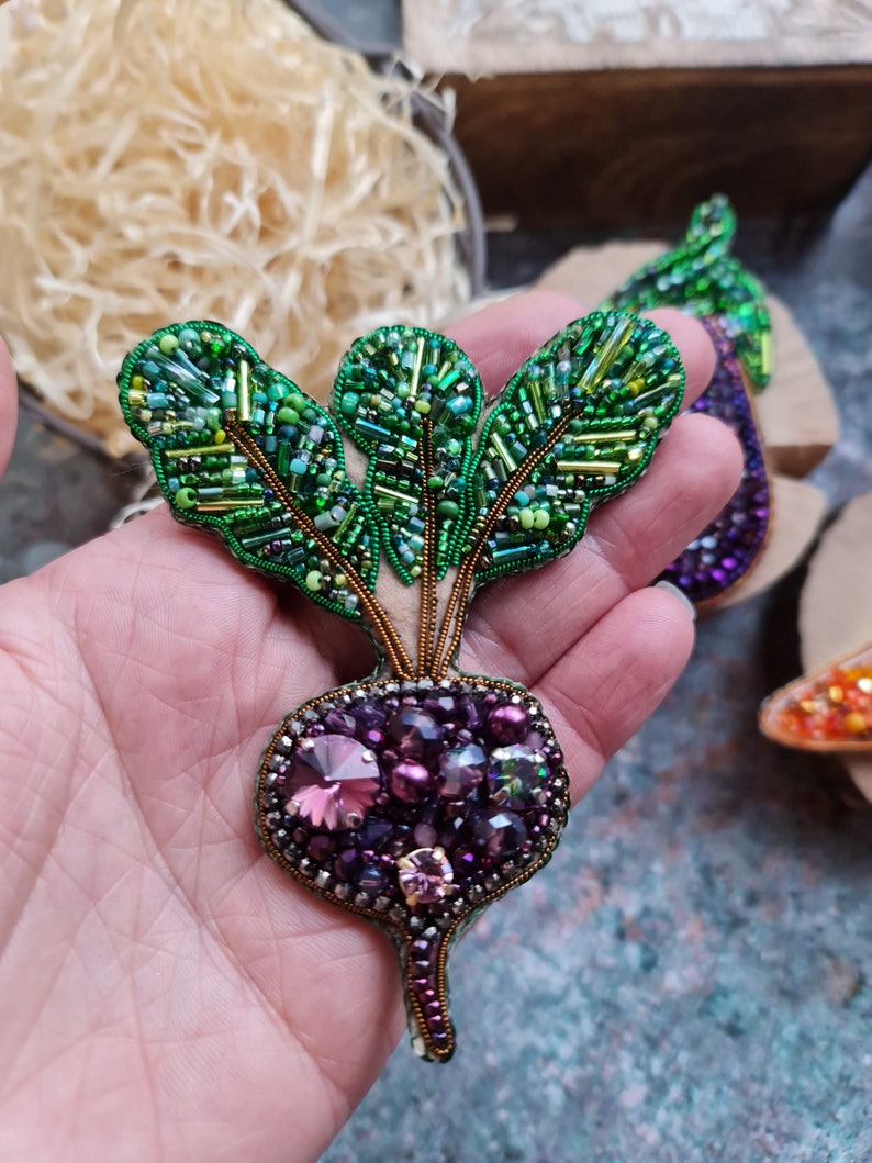 Purple beet pin, Garden Beaded brooch, Christmas gift for brother image 7